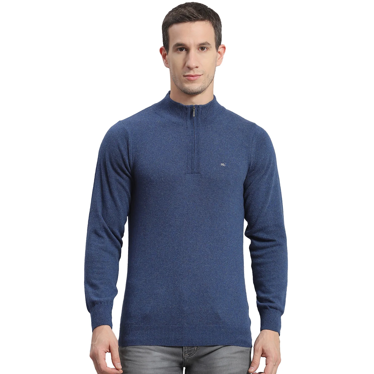 Men Blue Solid H Neck Full Sleeve Sweater - Image 5
