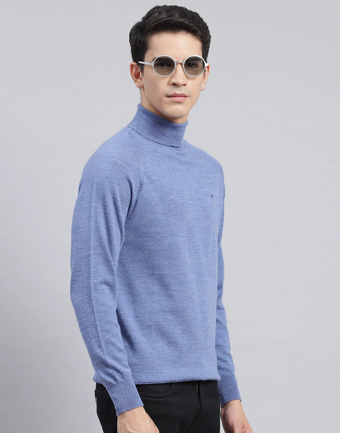 Men Blue Solid High Neck Full Sleeve Pullover - Image 4