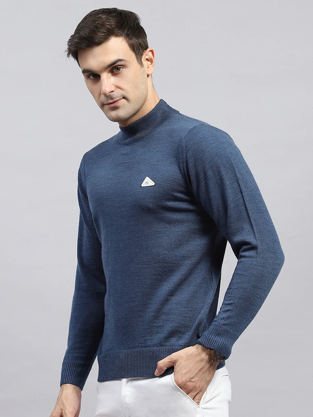 Men Blue Solid High Neck Full Sleeve Pullover - Image 3