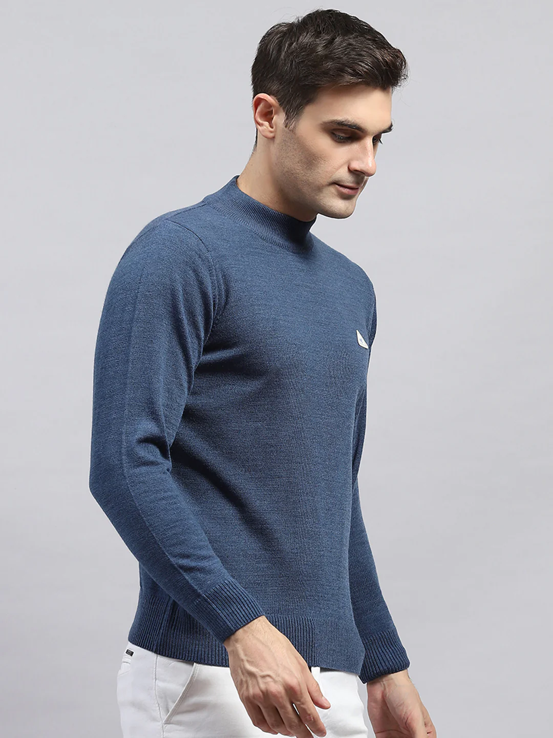 Men Blue Solid High Neck Full Sleeve Pullover - Image 4