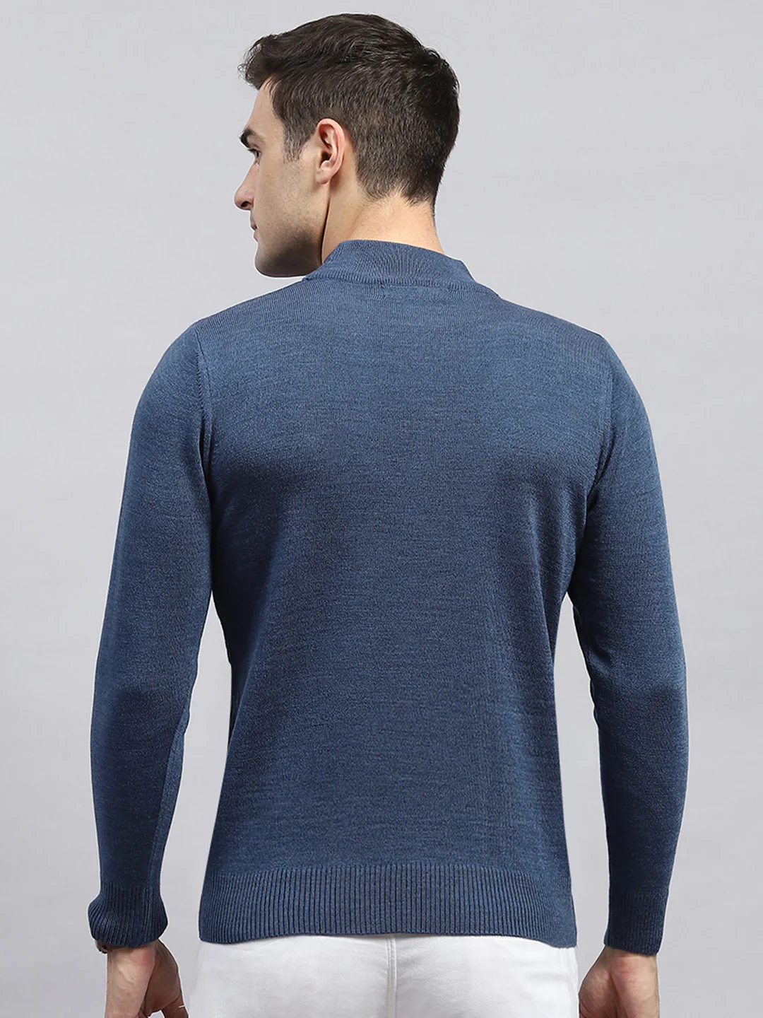 Men Blue Solid High Neck Full Sleeve Pullover - Image 5