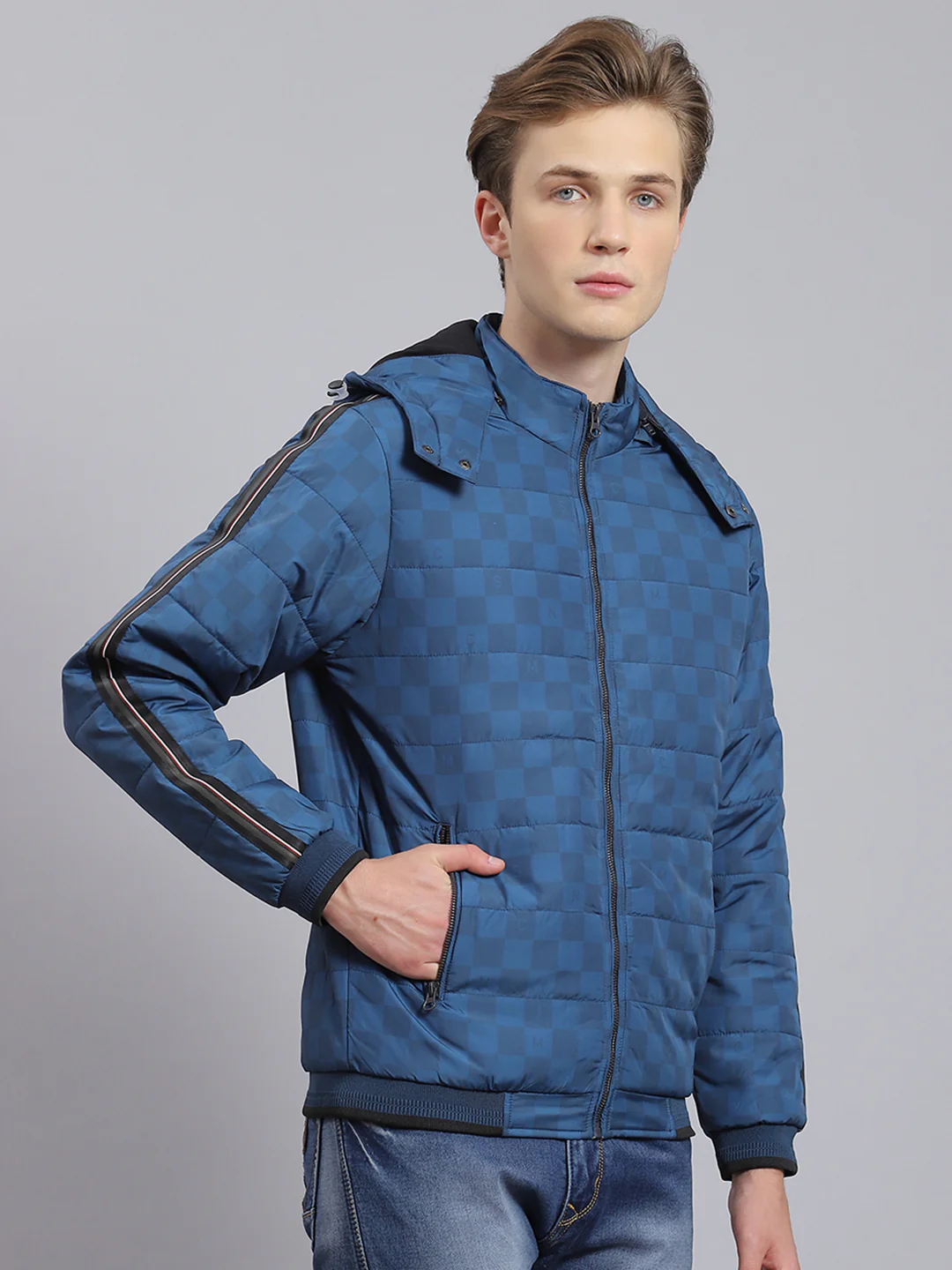 Men Blue Solid Hooded Full Sleeve Jacket - Image 4