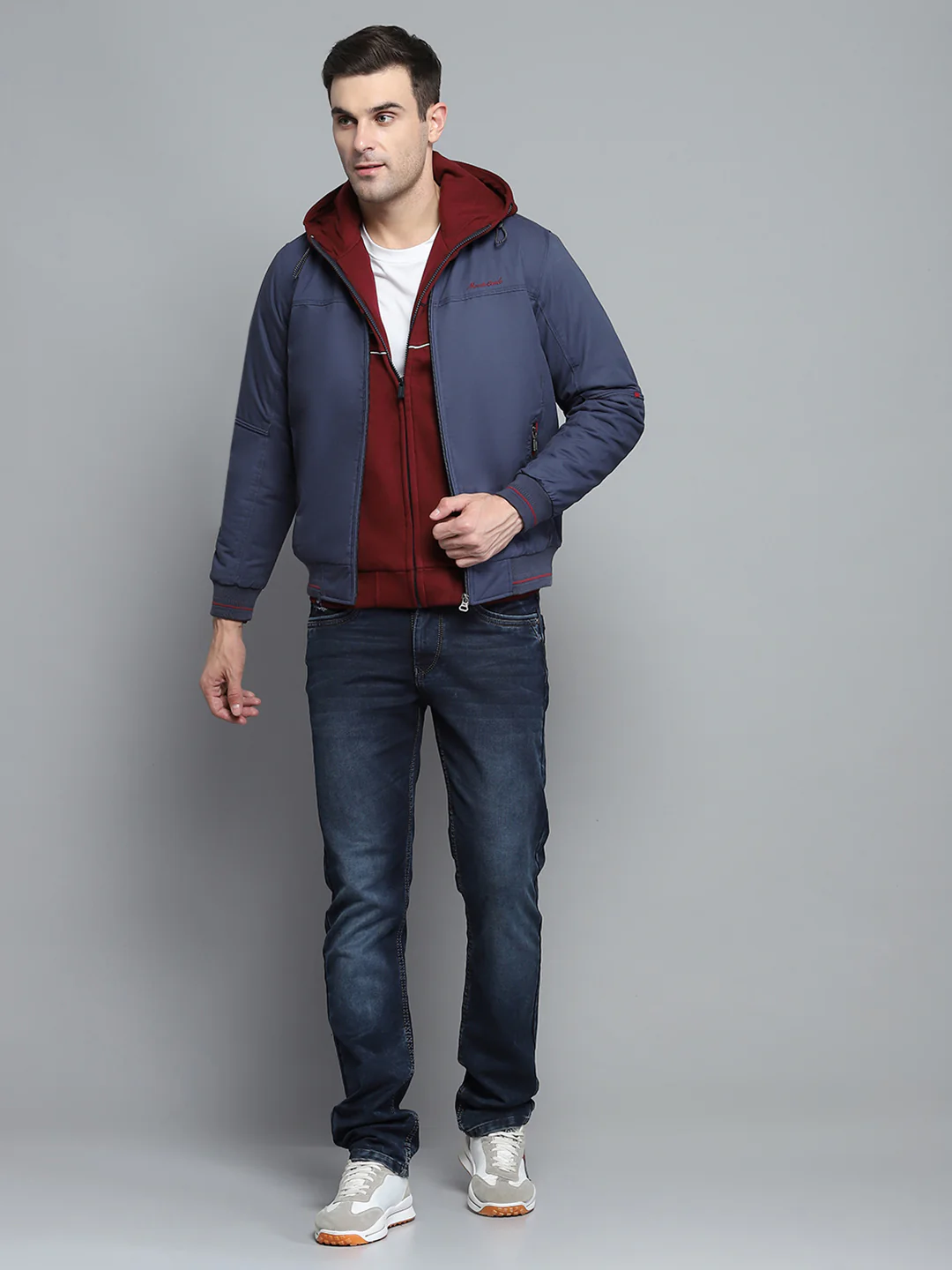 Men Blue Solid Hooded Full Sleeve Jacket - Image 2