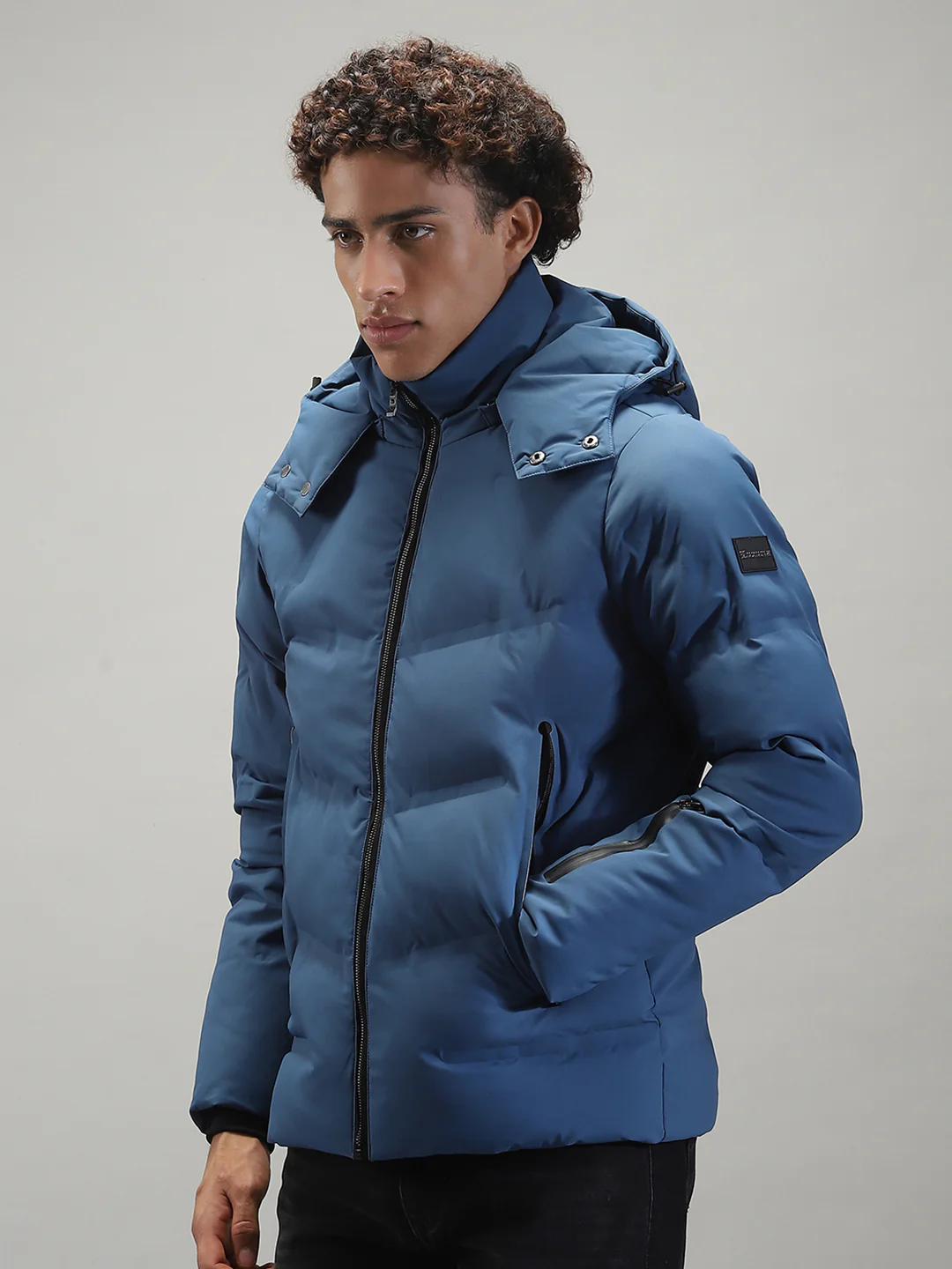 Men Blue Solid Hooded Full Sleeve Jacket - Image 3