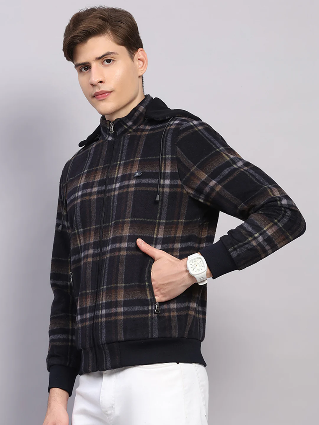Men Blue Solid Hooded Full Sleeve Jacket - Image 3