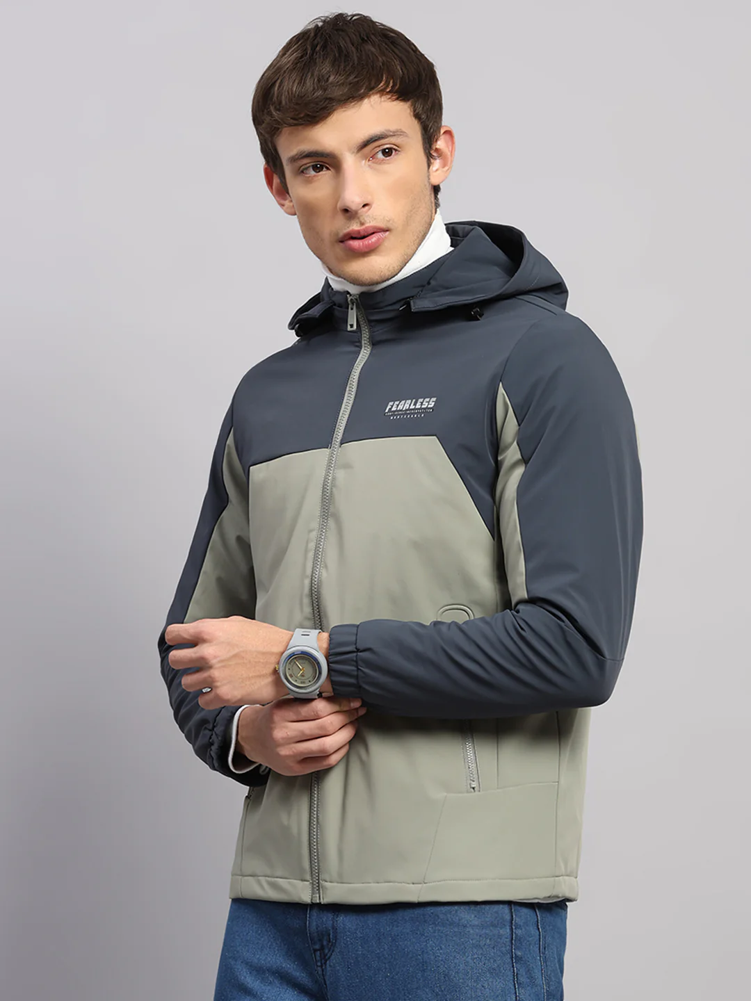 Men Blue Solid Hooded Full Sleeve Jacket - Image 3