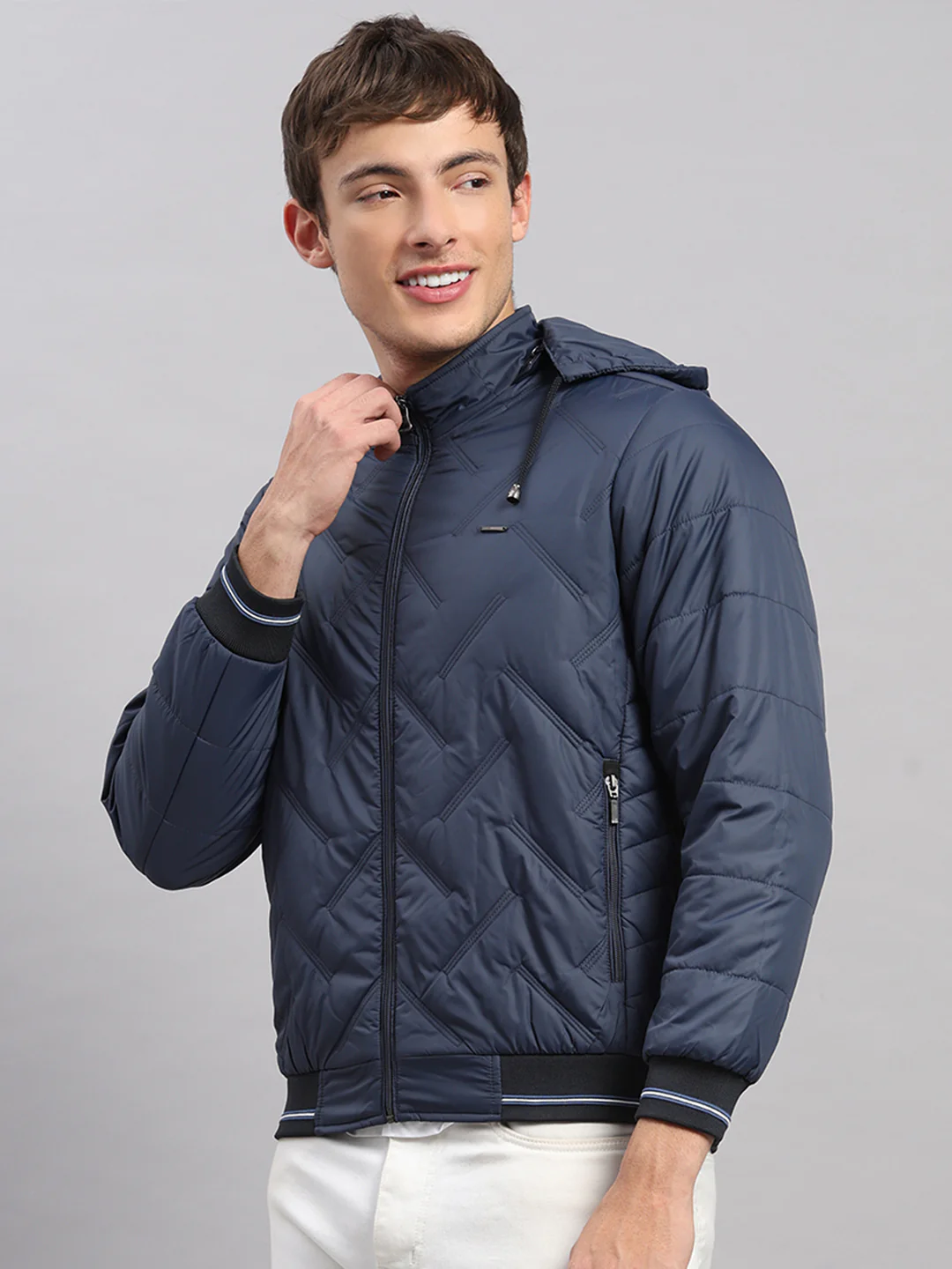 Men Blue Solid Hooded Full Sleeve Jacket - Image 3