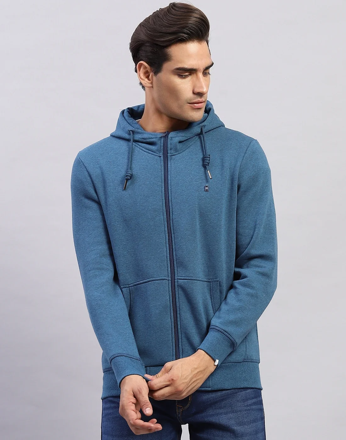Men Blue Solid Hooded Full Sleeve Sweatshirt - Image 2