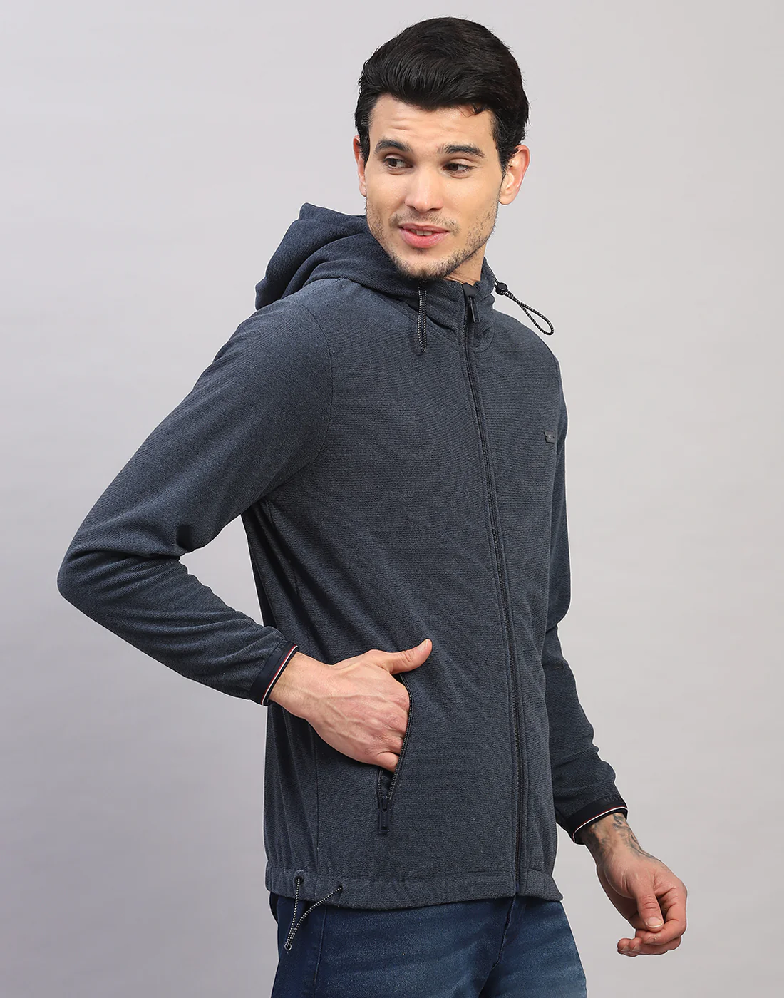 Men Blue Solid Hooded Full Sleeve Sweatshirt - Image 3