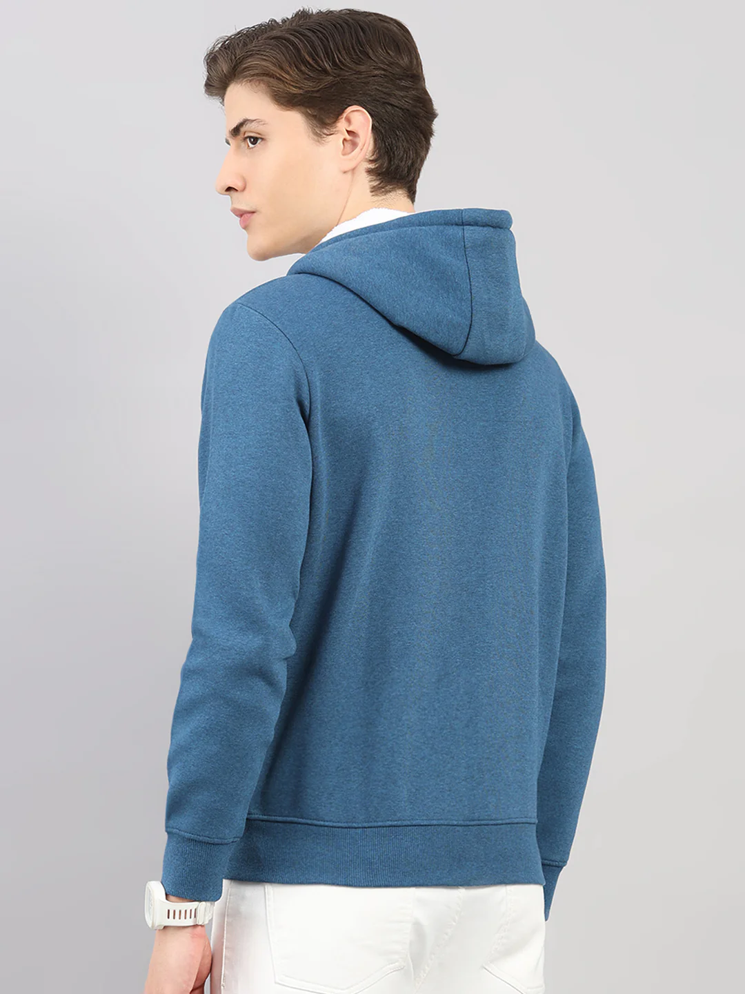 Men Blue Solid Hooded Full Sleeve Sweatshirt - Image 5