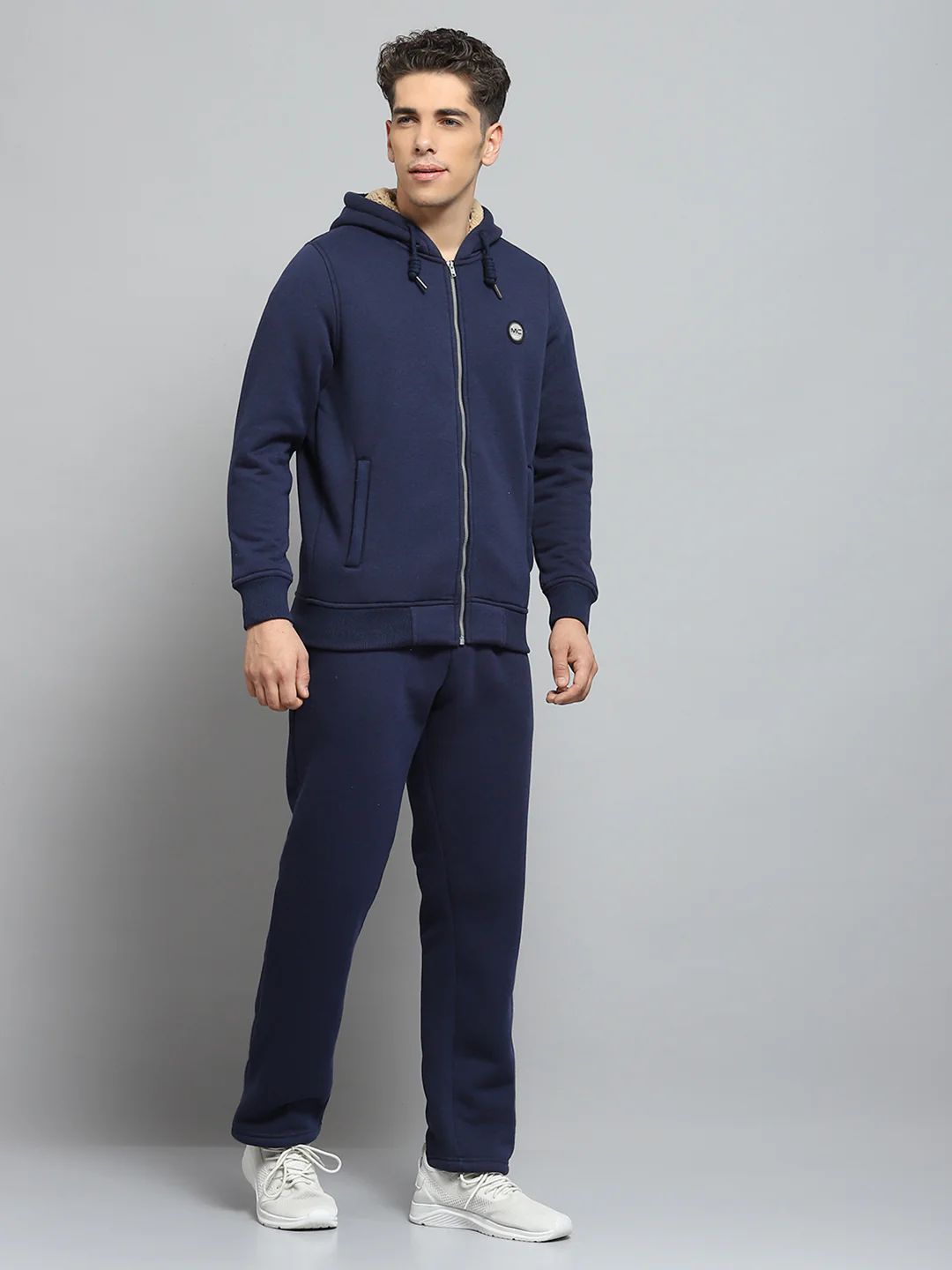 Men Blue Solid Hooded Full Sleeve Winter Tracksuit - Image 4