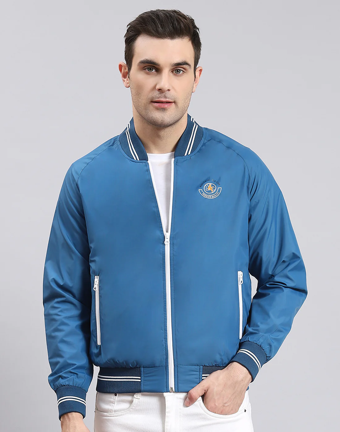 Men Blue Solid Mandarin Collar Full Sleeve Jacket - Image 3