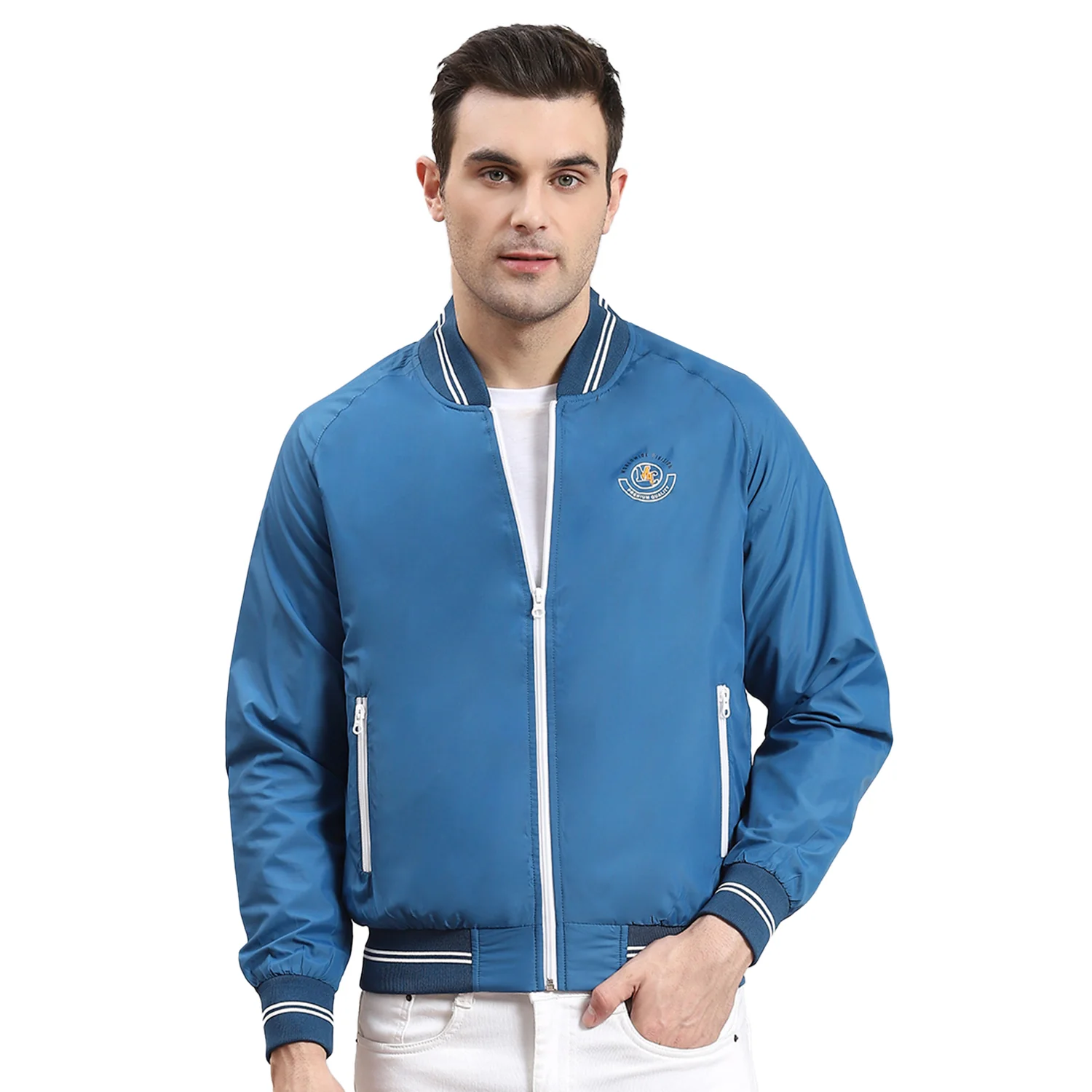 Men Blue Solid Mandarin Collar Full Sleeve Jacket - Image 5