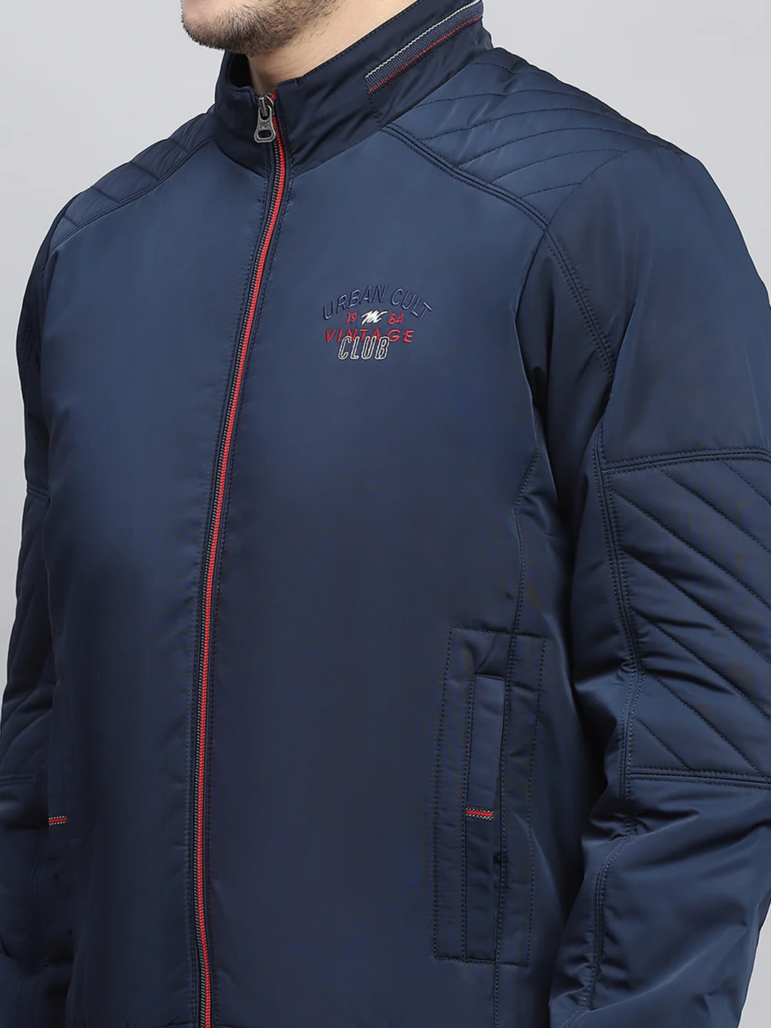 Men Blue Solid Mock Neck Full Sleeve Jacket - Image 6