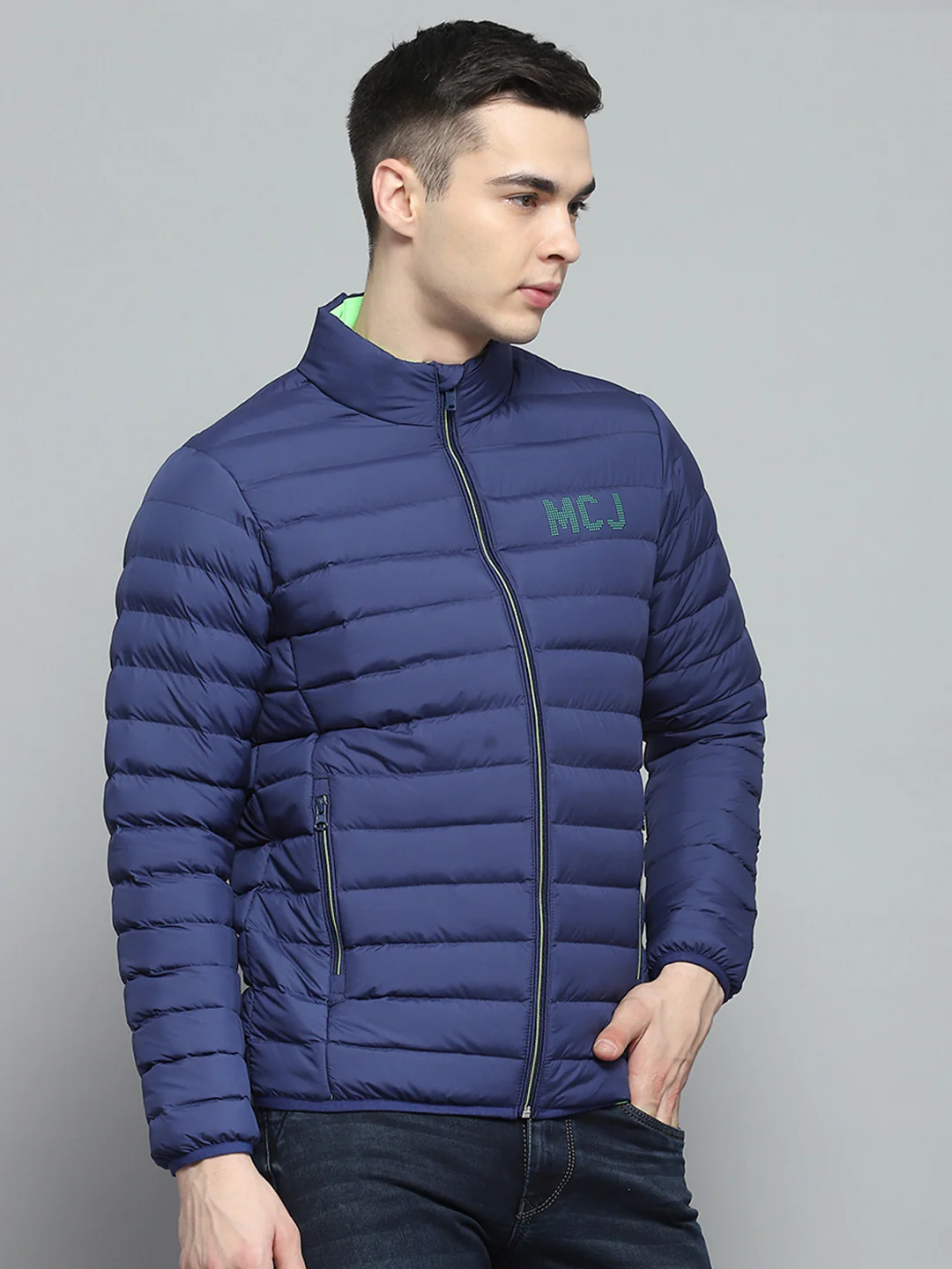Men Blue Solid Mock Neck Full Sleeve Jacket - Image 4