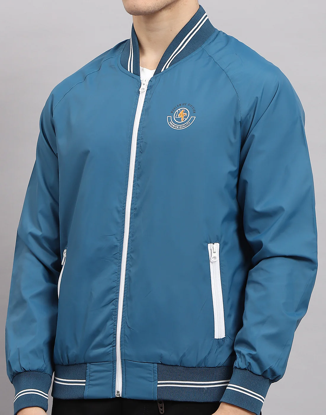 Men Blue Solid Mock Neck Full Sleeve Jacket - Image 7