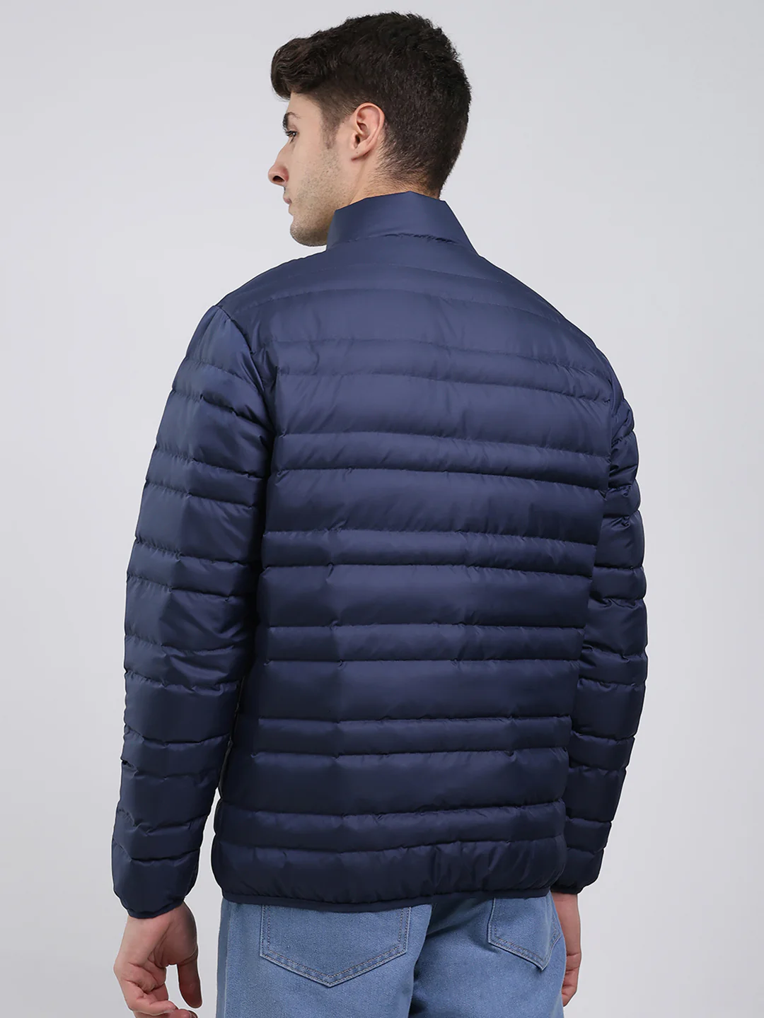Men Blue Solid Mock Neck Full Sleeve Jacket - Image 5