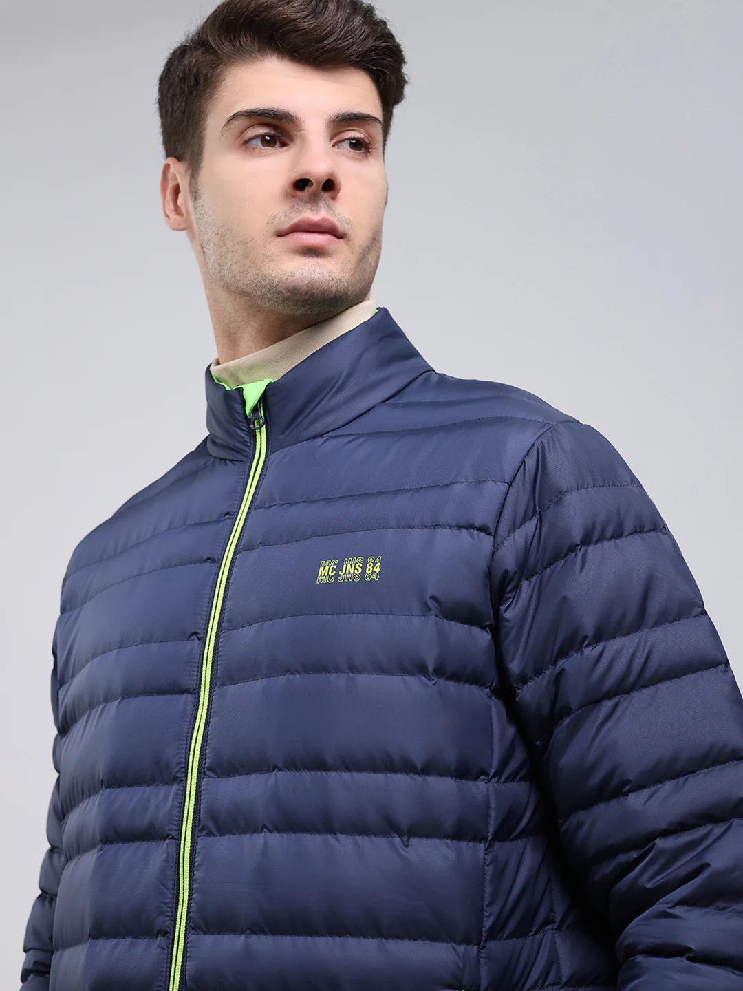 Men Blue Solid Mock Neck Full Sleeve Jacket - Image 7