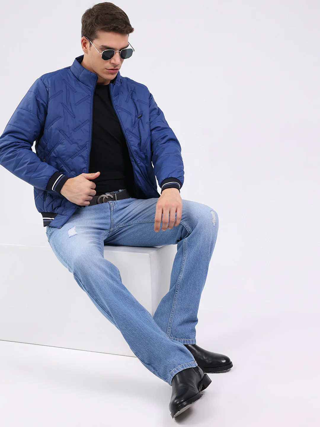 Men Blue Solid Mock Neck Full Sleeve Jacket - Image 2