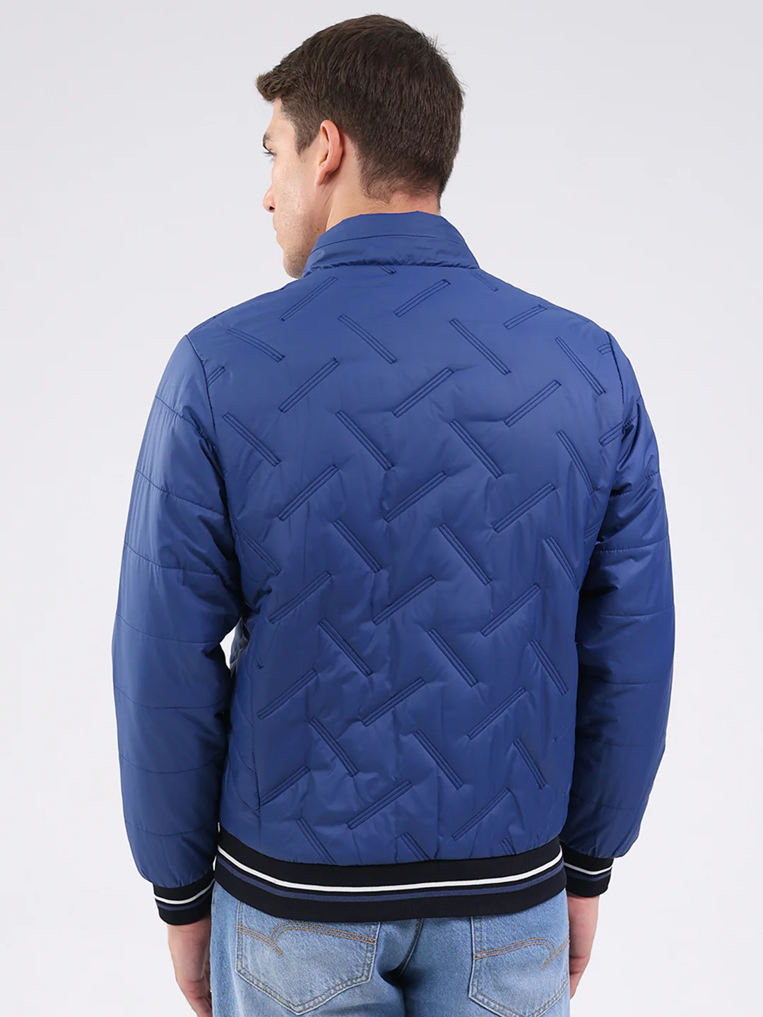 Men Blue Solid Mock Neck Full Sleeve Jacket - Image 5