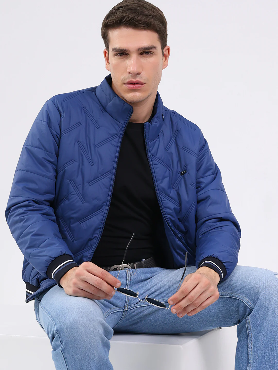 Men Blue Solid Mock Neck Full Sleeve Jacket - Image 6