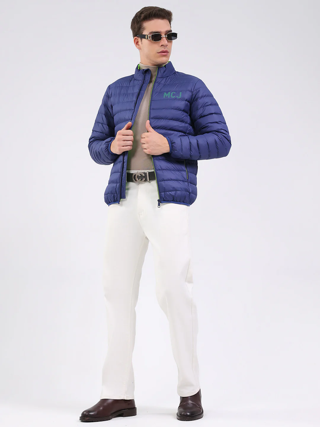 Men Blue Solid Mock Neck Full Sleeve Jacket - Image 2