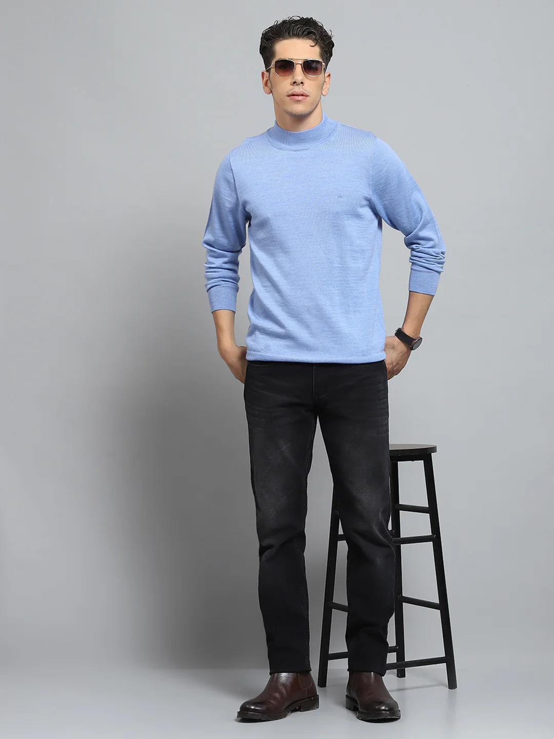 Men Blue Solid Mock Neck Full Sleeve Pullover - Image 2