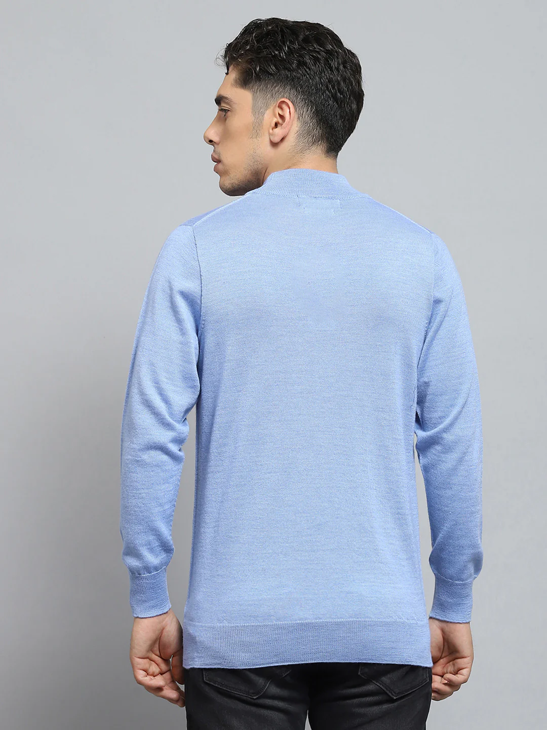 Men Blue Solid Mock Neck Full Sleeve Pullover - Image 5
