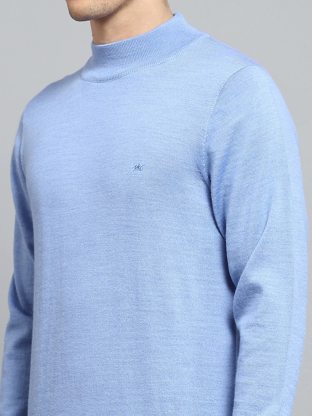 Men Blue Solid Mock Neck Full Sleeve Pullover - Image 6
