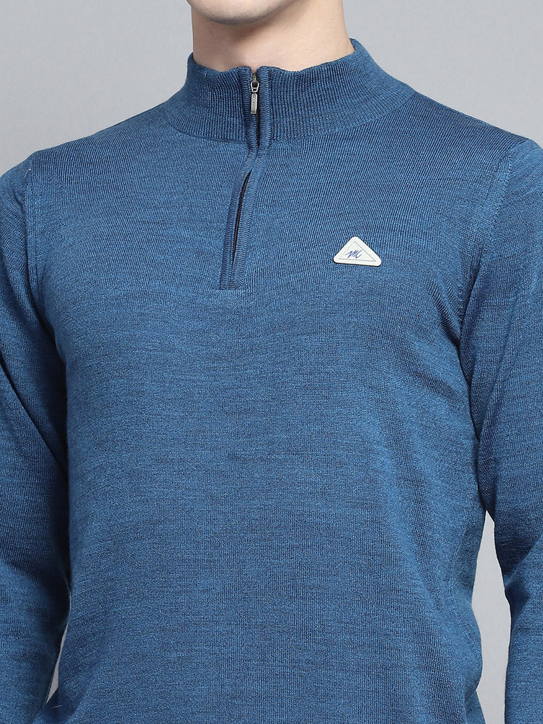 Men Blue Solid Mock Neck Full Sleeve Pullover - Image 6