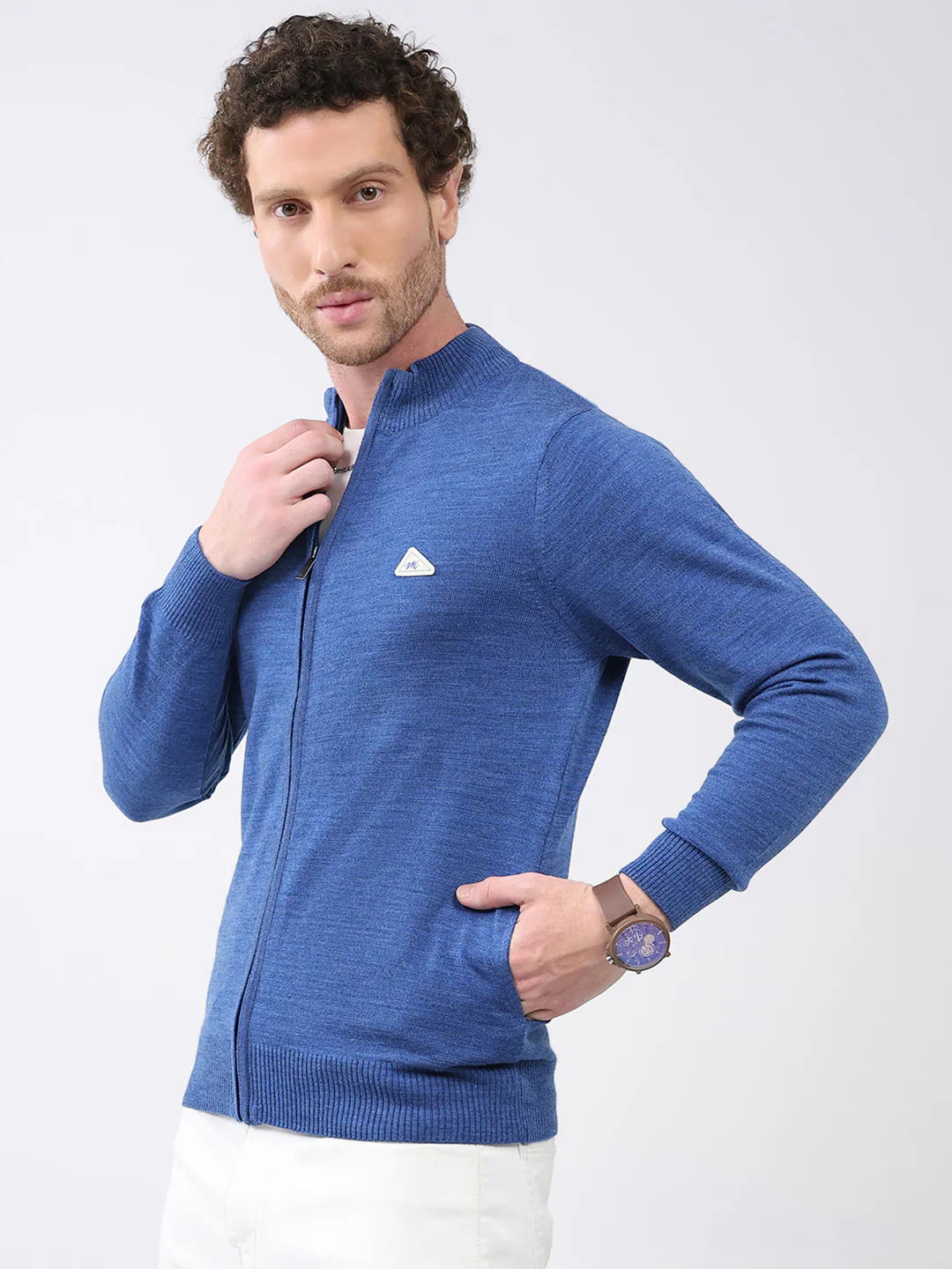 Men Blue Solid Mock Neck Full Sleeve Pullover - Image 3