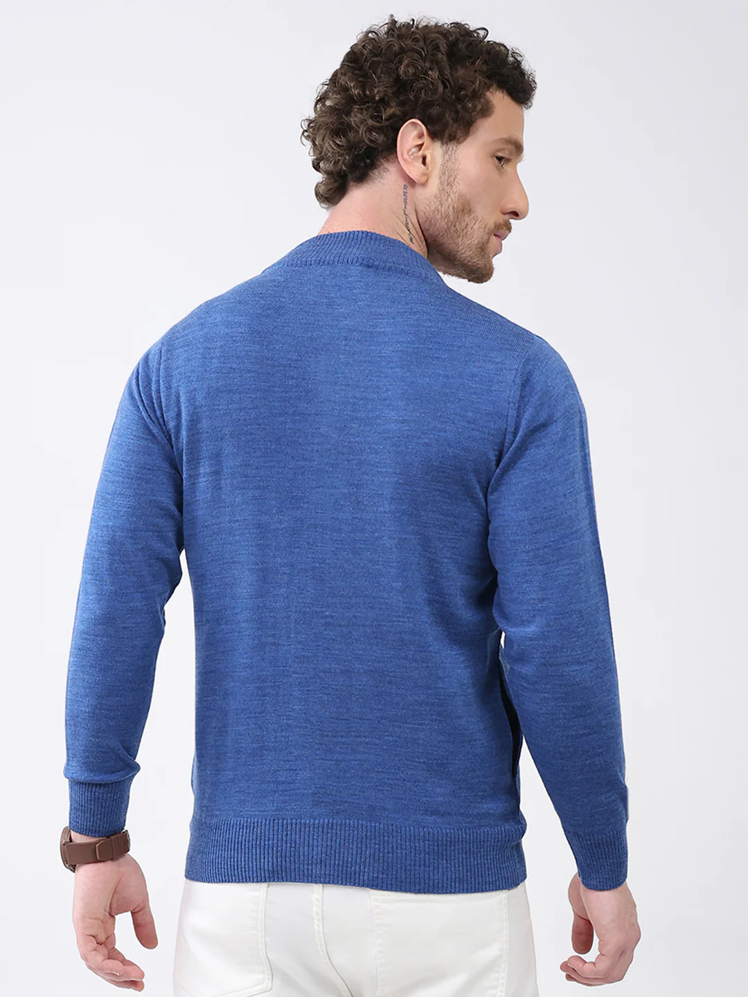 Men Blue Solid Mock Neck Full Sleeve Pullover - Image 5