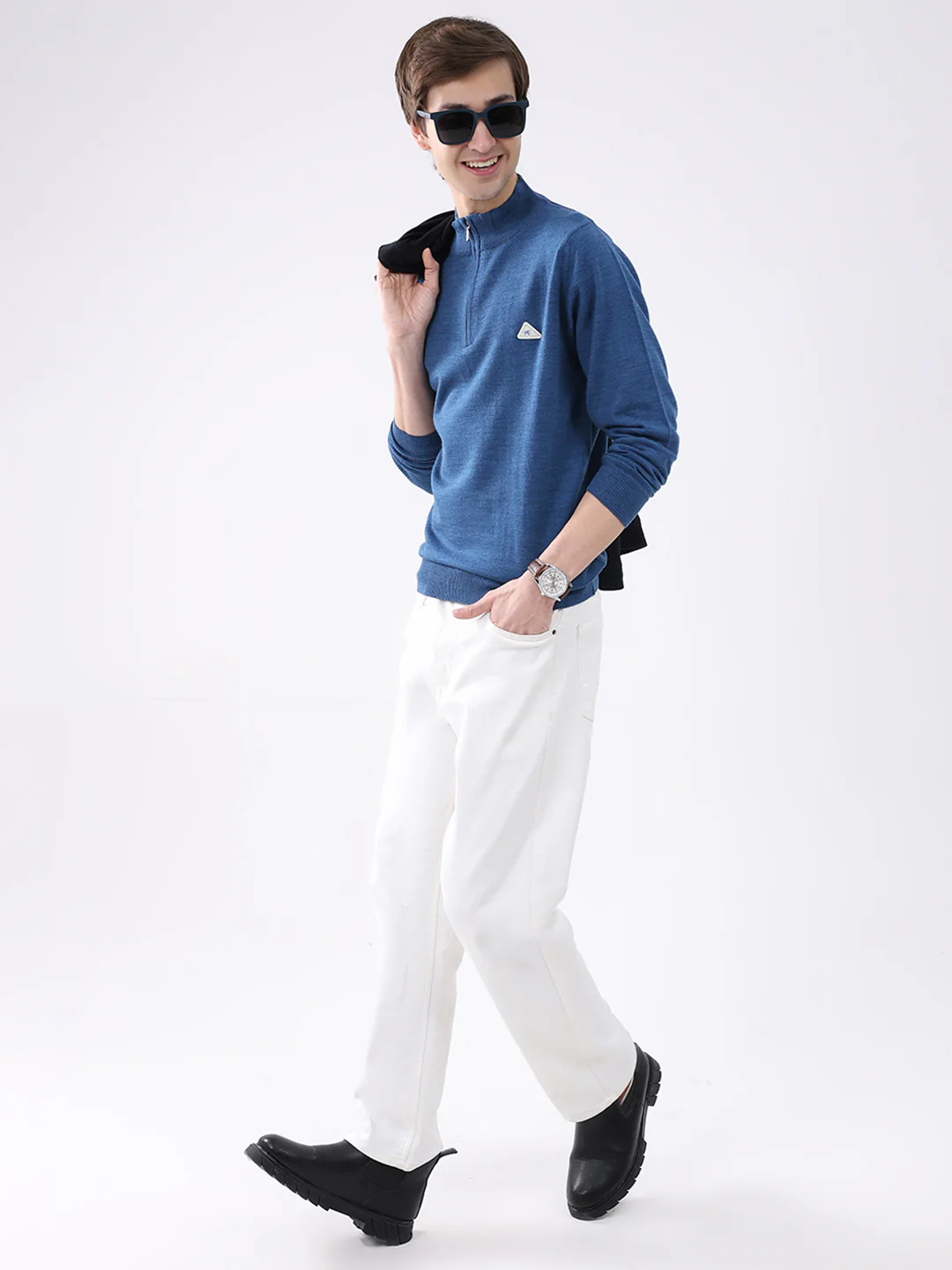 Men Blue Solid Mock Neck Full Sleeve Pullover - Image 2