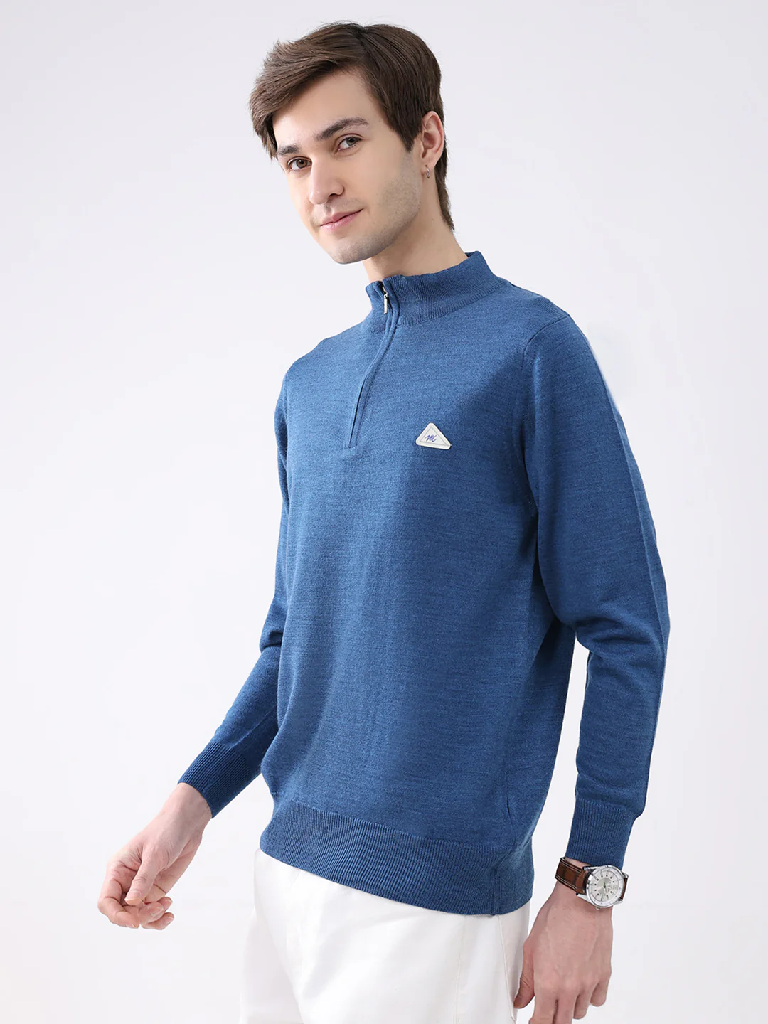 Men Blue Solid Mock Neck Full Sleeve Pullover - Image 3