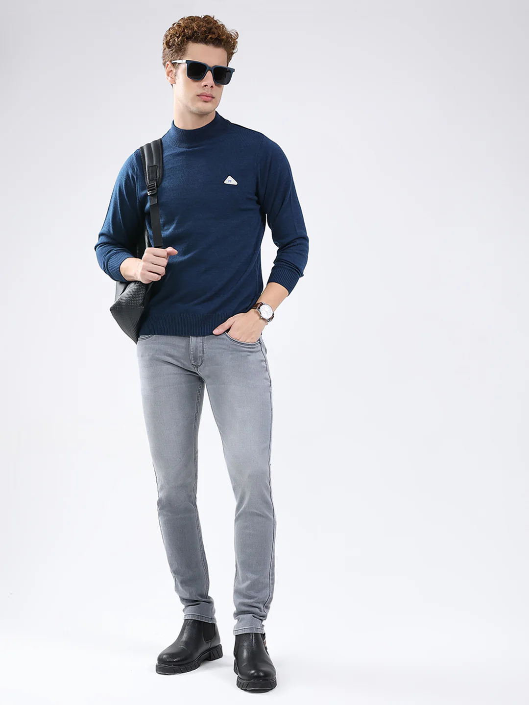 Men Blue Solid Mock Neck Full Sleeve Pullover - Image 2