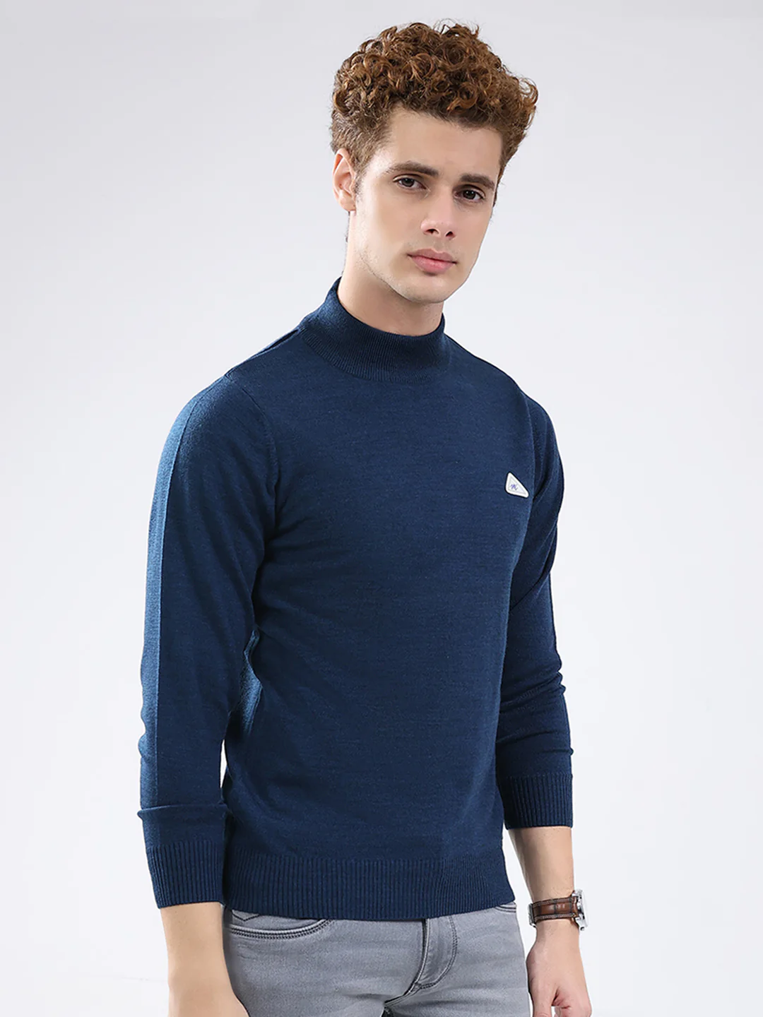 Men Blue Solid Mock Neck Full Sleeve Pullover - Image 4