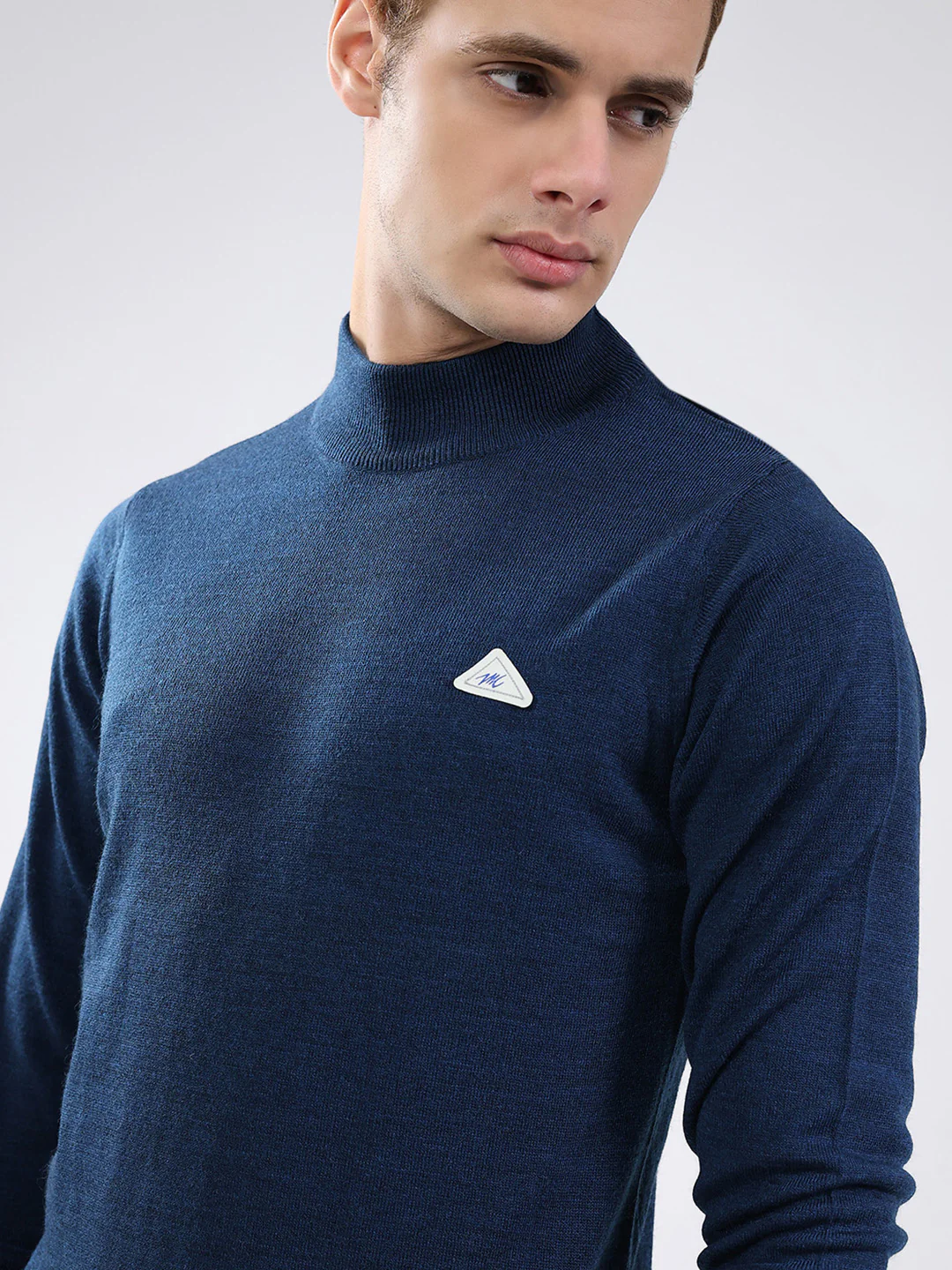 Men Blue Solid Mock Neck Full Sleeve Pullover - Image 6