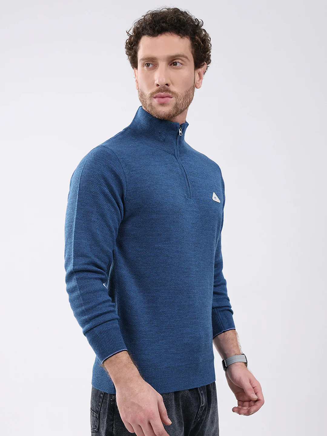 Men Blue Solid Mock Neck Full Sleeve Pullover - Image 4