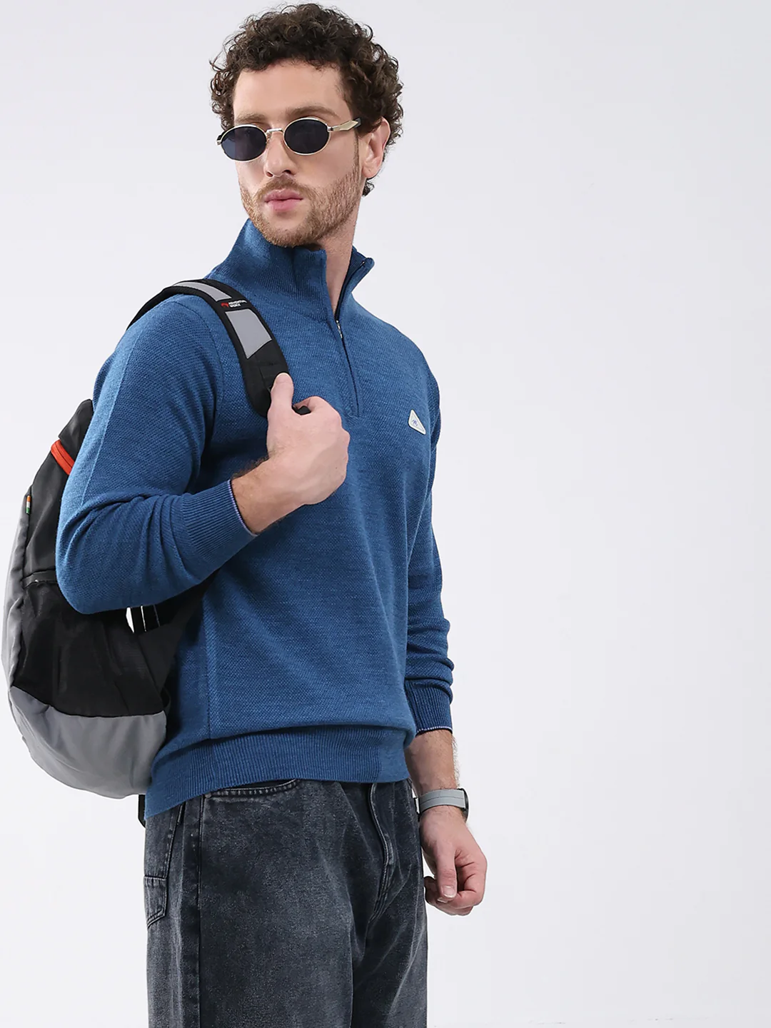 Men Blue Solid Mock Neck Full Sleeve Pullover - Image 6