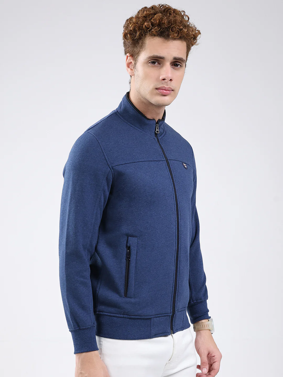 Men Blue Solid Mock Neck Full Sleeve Sweatshirt - Image 4