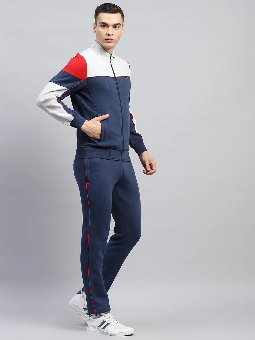 Men Blue Solid Mock Neck Full Sleeve Winter Tracksuit - Image 4