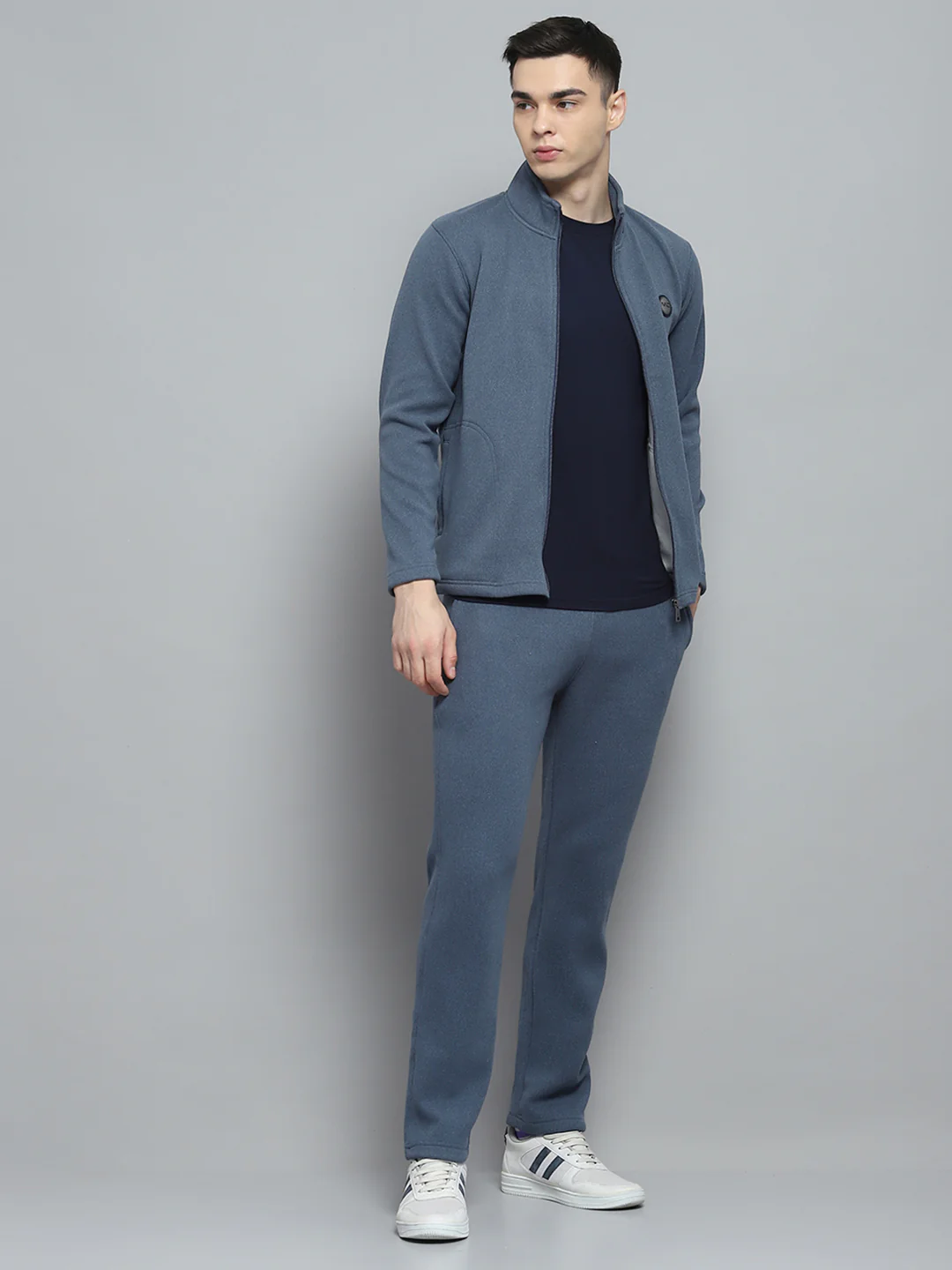 Men Blue Solid Mock Neck Full Sleeve Winter Tracksuit - Image 2