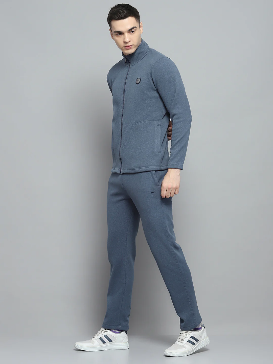Men Blue Solid Mock Neck Full Sleeve Winter Tracksuit - Image 3