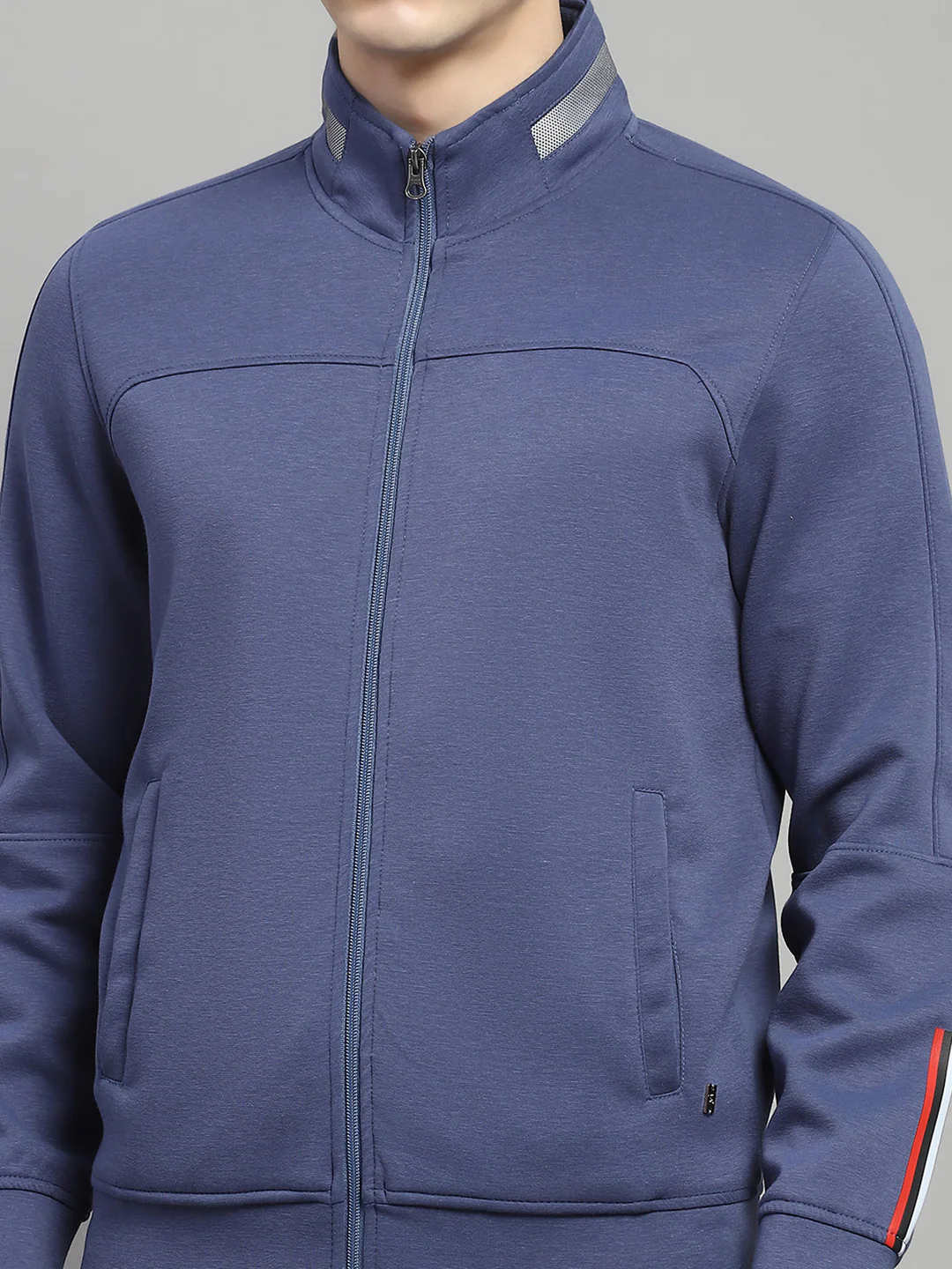 Men Blue Solid Mock Neck Full Sleeve Winter Tracksuit - Image 7