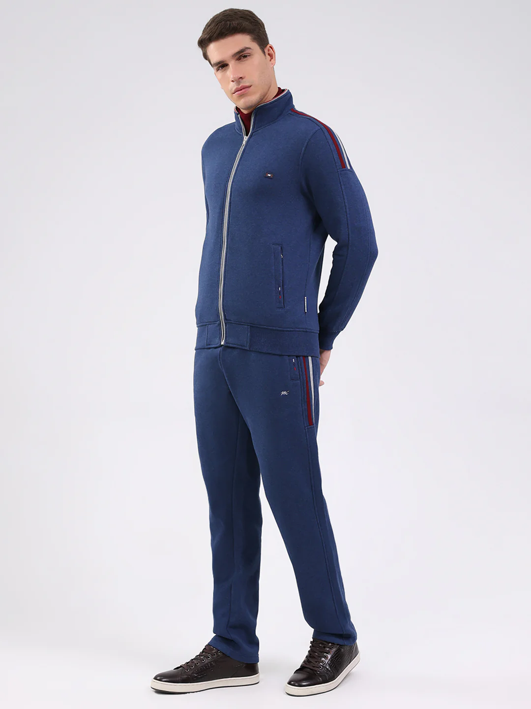 Men Blue Solid Mock Neck Full Sleeve Winter Tracksuit - Image 3
