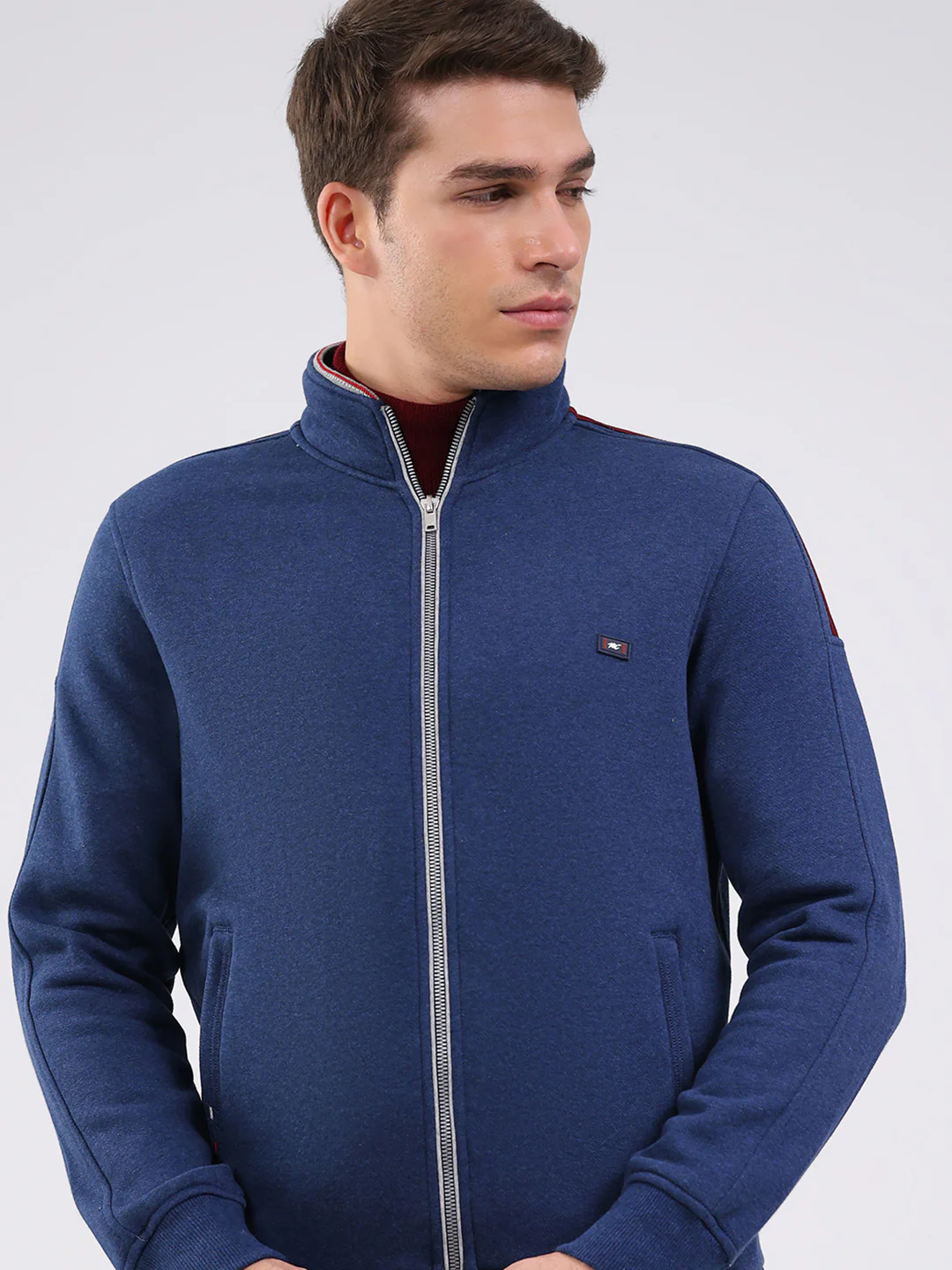 Men Blue Solid Mock Neck Full Sleeve Winter Tracksuit - Image 6