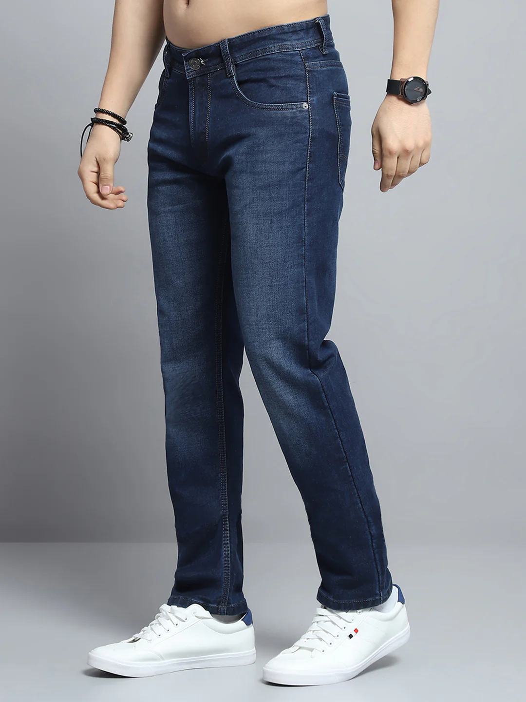 Men Blue Solid Narrow Fit Denim - Image 3