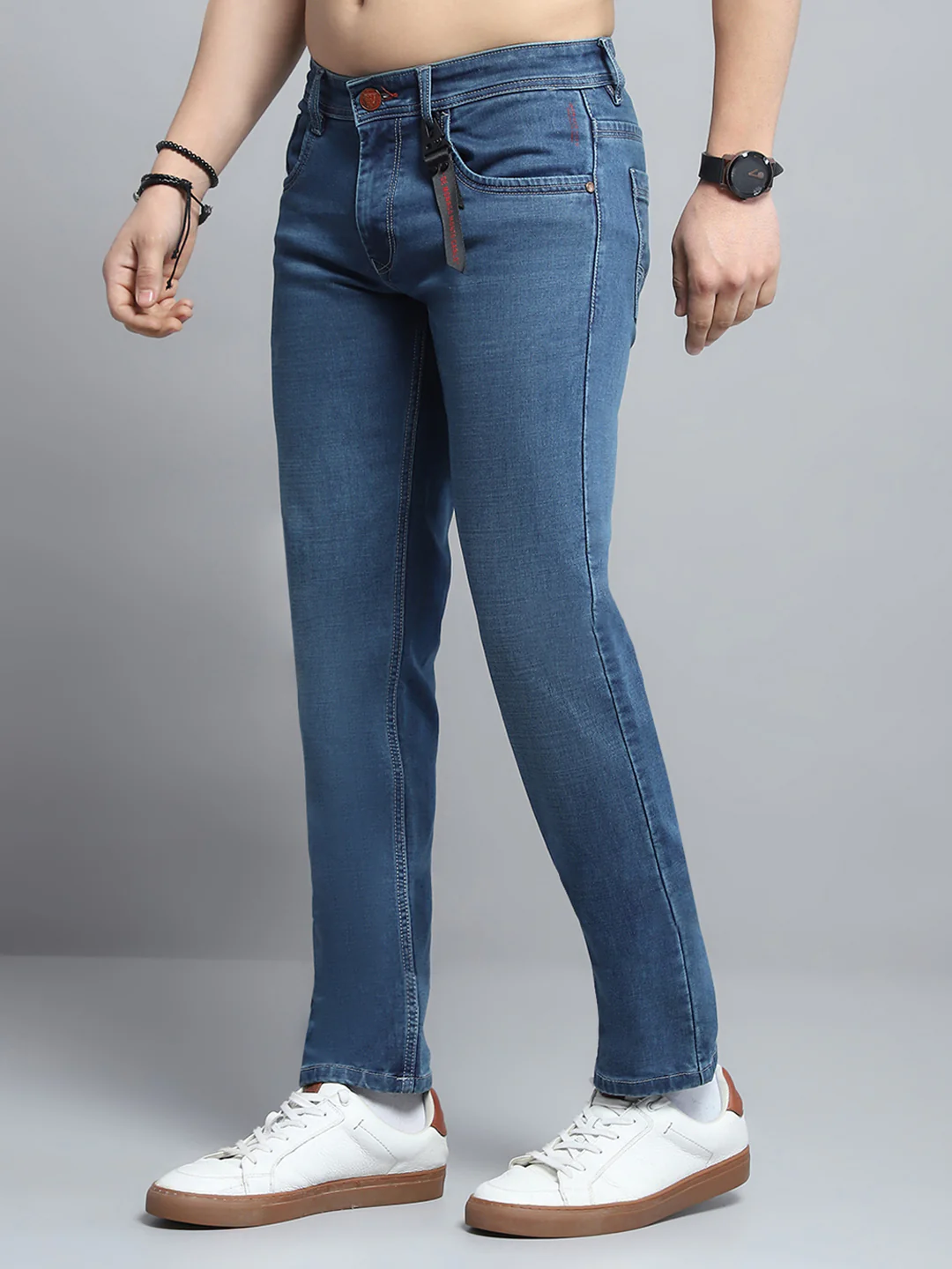 Men Blue Solid Narrow Fit Denim - Image 3