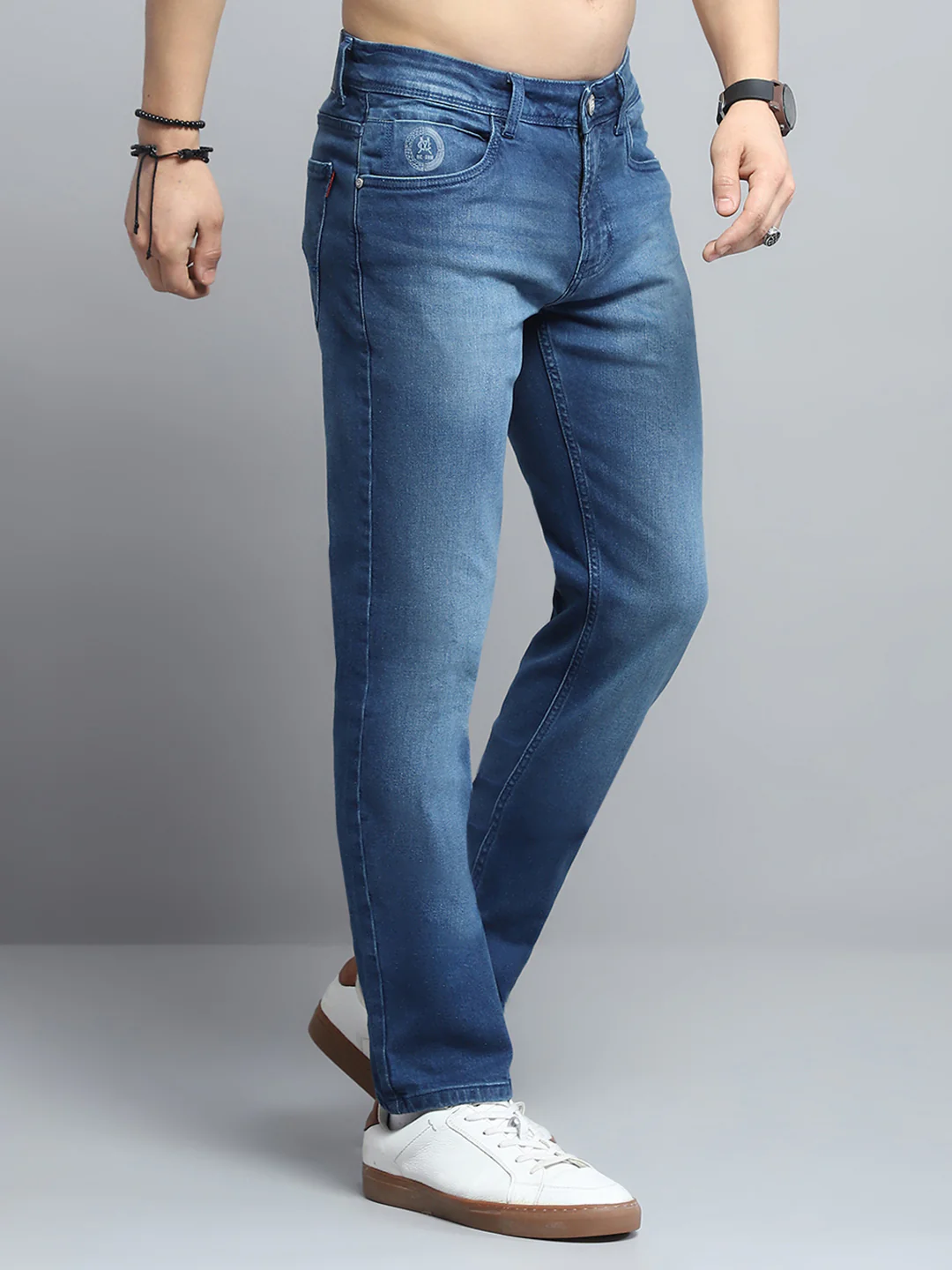 Men Blue Solid Narrow Fit Denim - Image 4