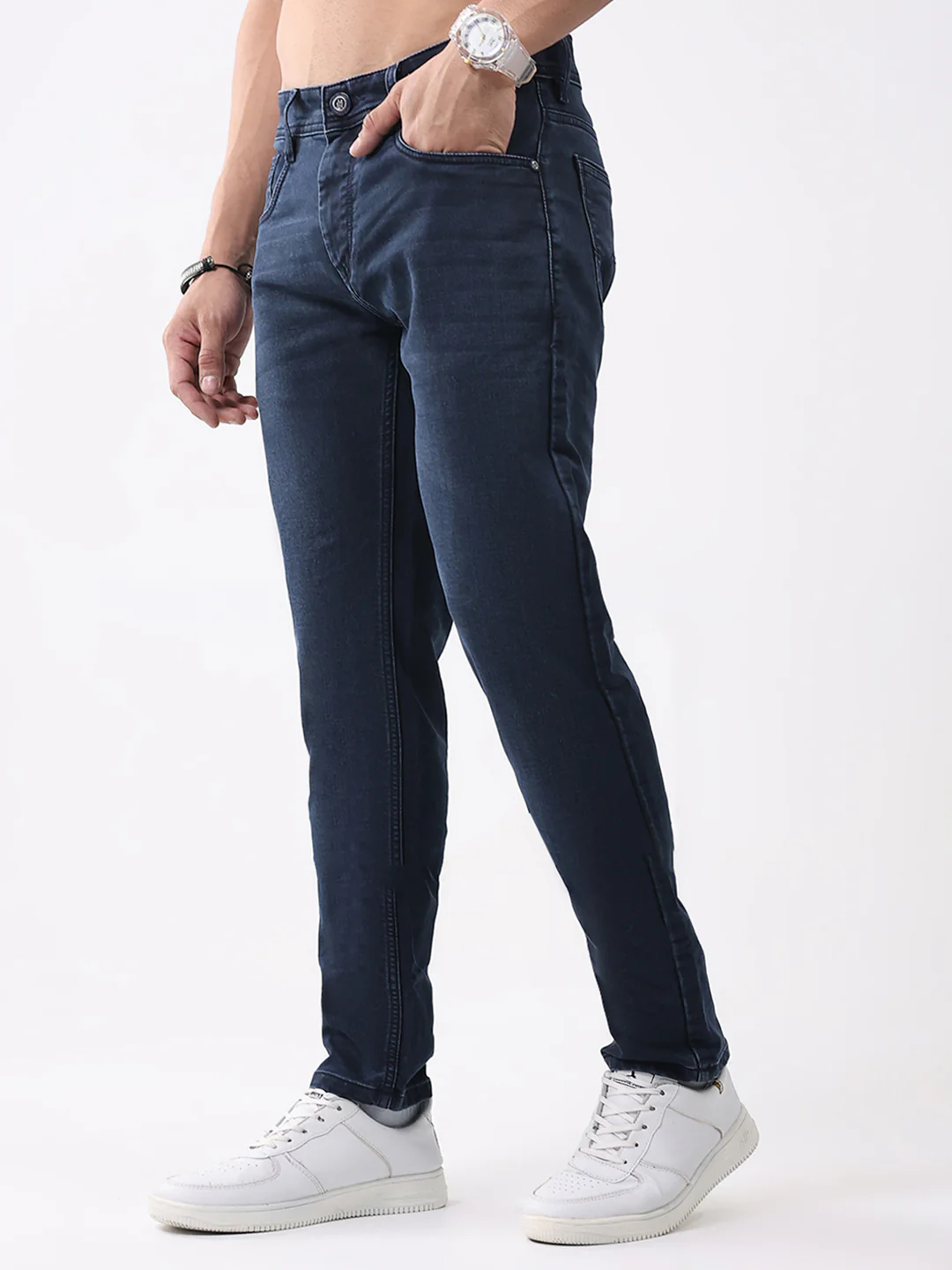 Men Blue Solid Narrow Fit Denim - Image 3